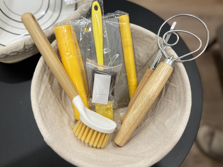 kitchen tools inside a bread proofing basket