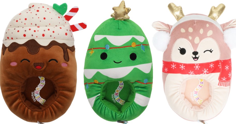 hot cocoa, christmas tree, and reindeer Squishmallows Holiday Slippers