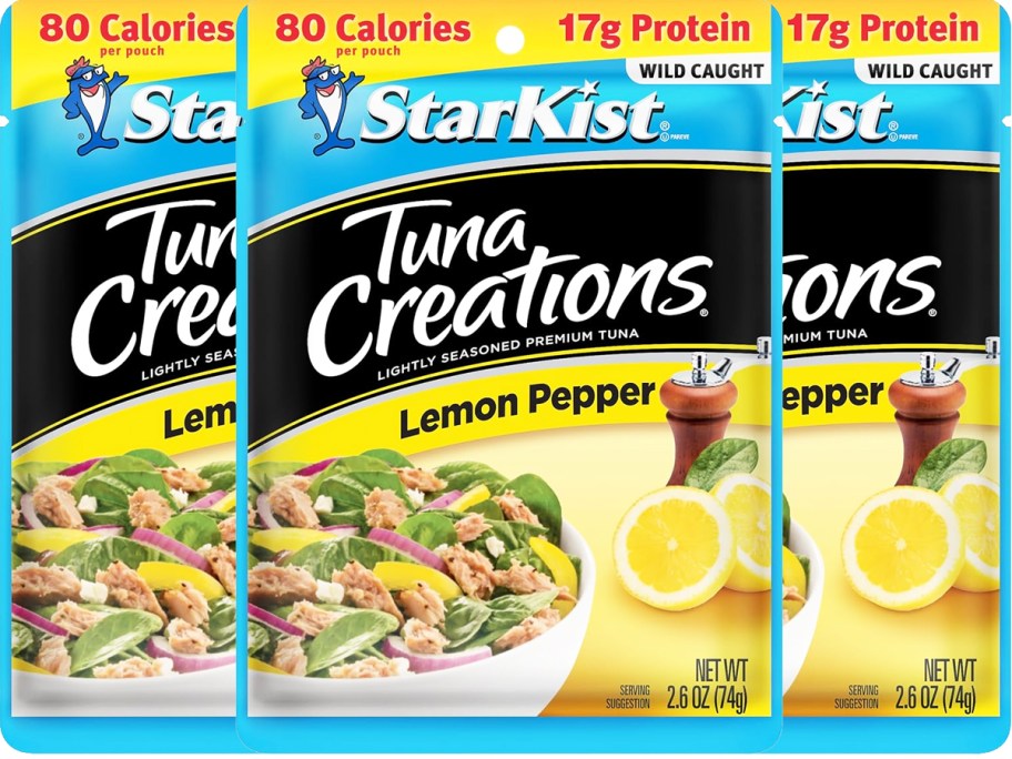 three StarKist Tuna Creations Lemon Pepper pouches