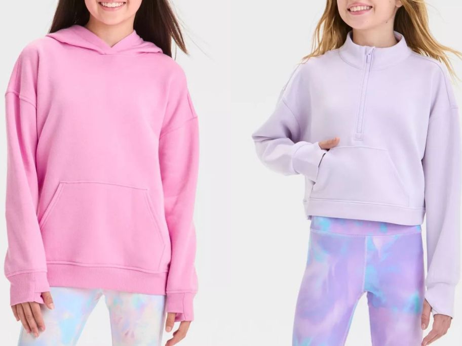 Stock images of two girls wearing All in Motion Sweatshirts from Target