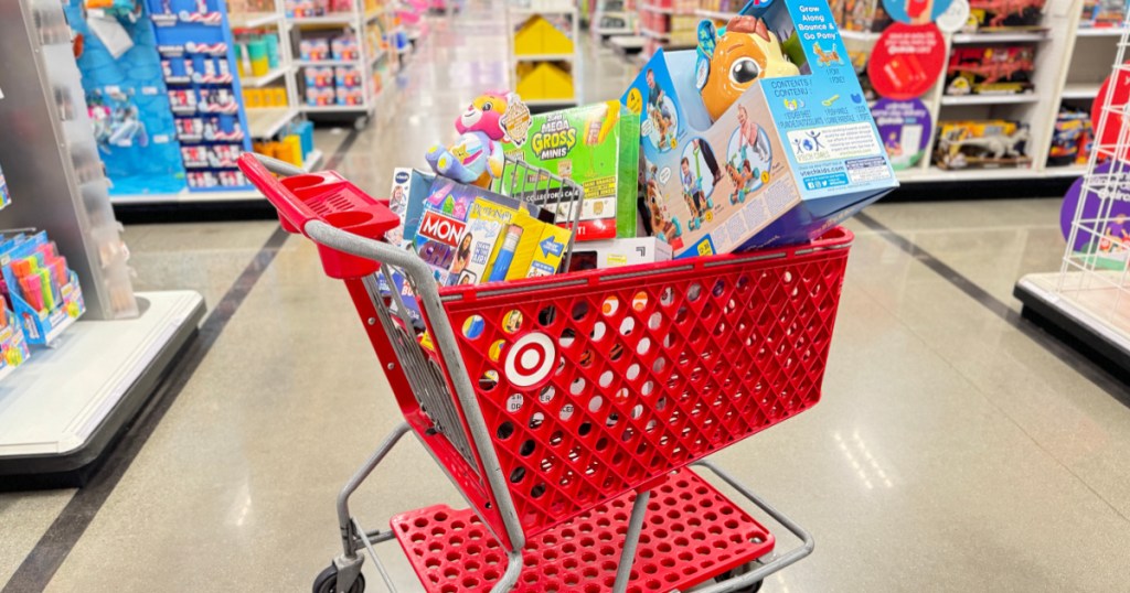 Shopping cart in Target filled with toys