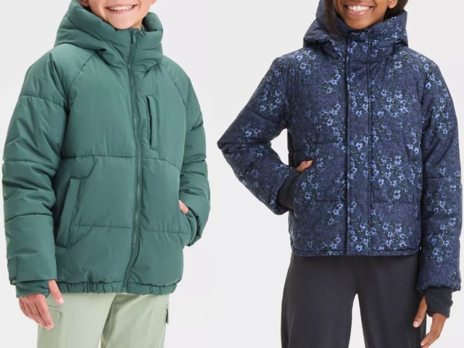 Stock images of two kids wearing All in Motion puffer jackets 