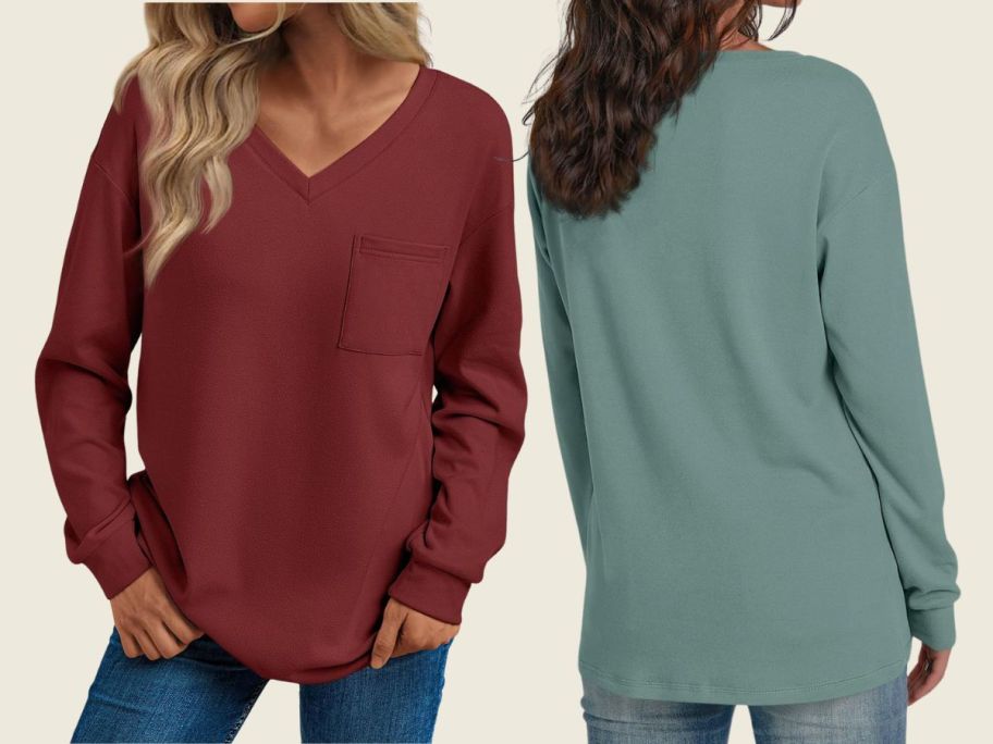 2 women wearing Trendy Queen Oversized V-Neck Women's Sweatshirts