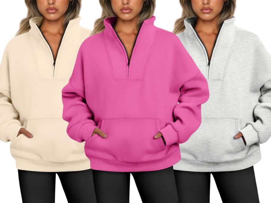 3 women wearing Trendy Queen Sweatshirts Half Zip Pullover