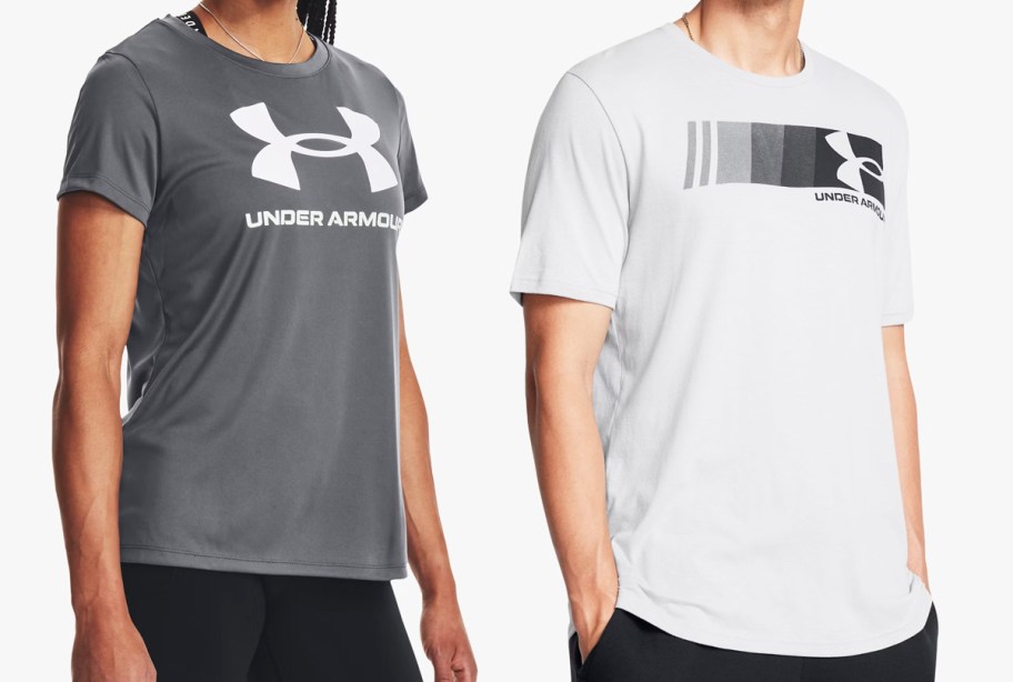 woman and man in under armour graphic tees