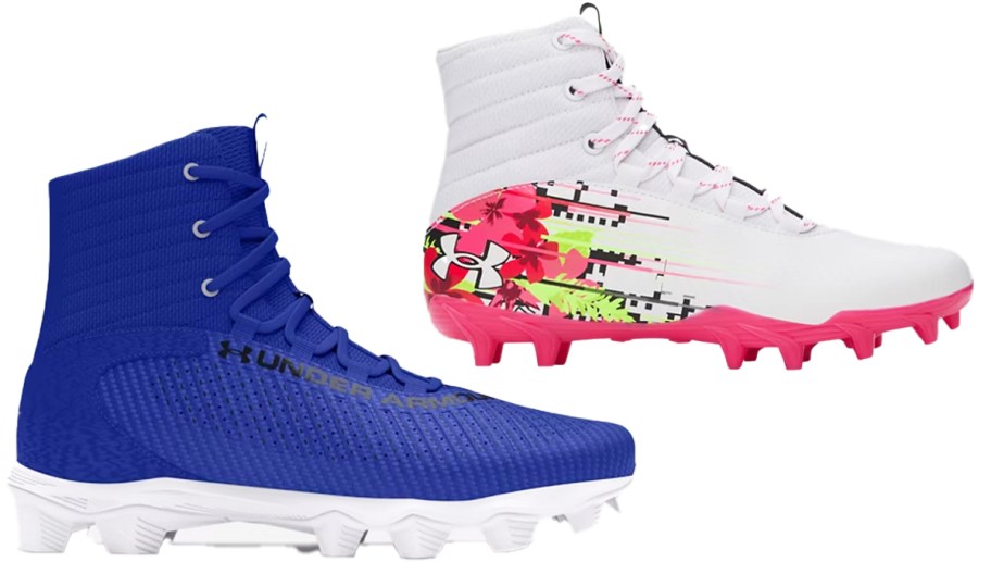 blue/white and white/pink pairs of cleats