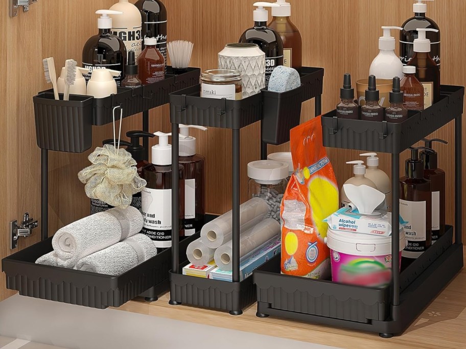 three under the sink organizers with cleaning supplies