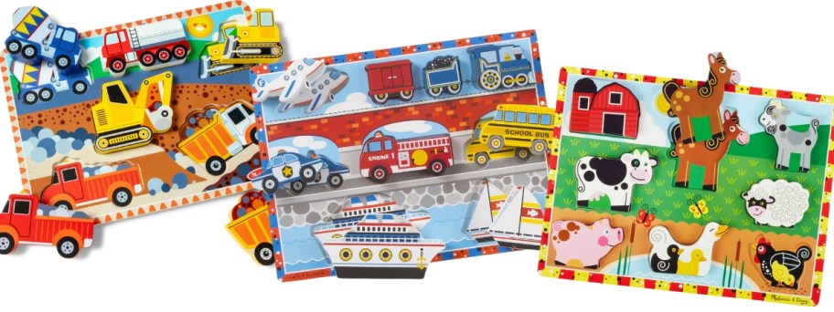 3 Melissa & Doug wooden puzzles, one with construction vehicles, one with boats, cars, and planes, and one with farm animals