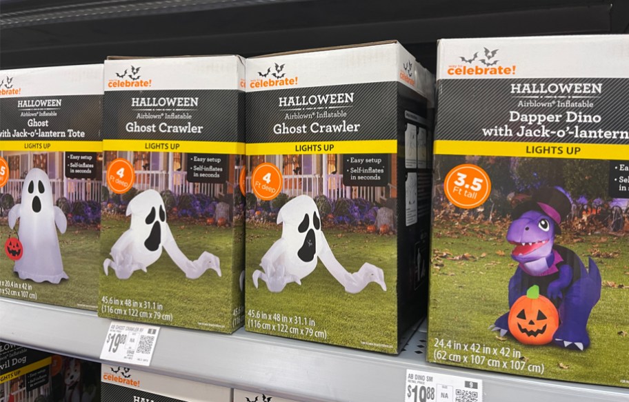 Way to Celebrate Halloween Airblown Inflatables 3.5ft Ghost with Jack-o-Lantern Tote, 4ft Ghost Crawler, 3.5ft Dapper Dino with Jack-o-Lantern