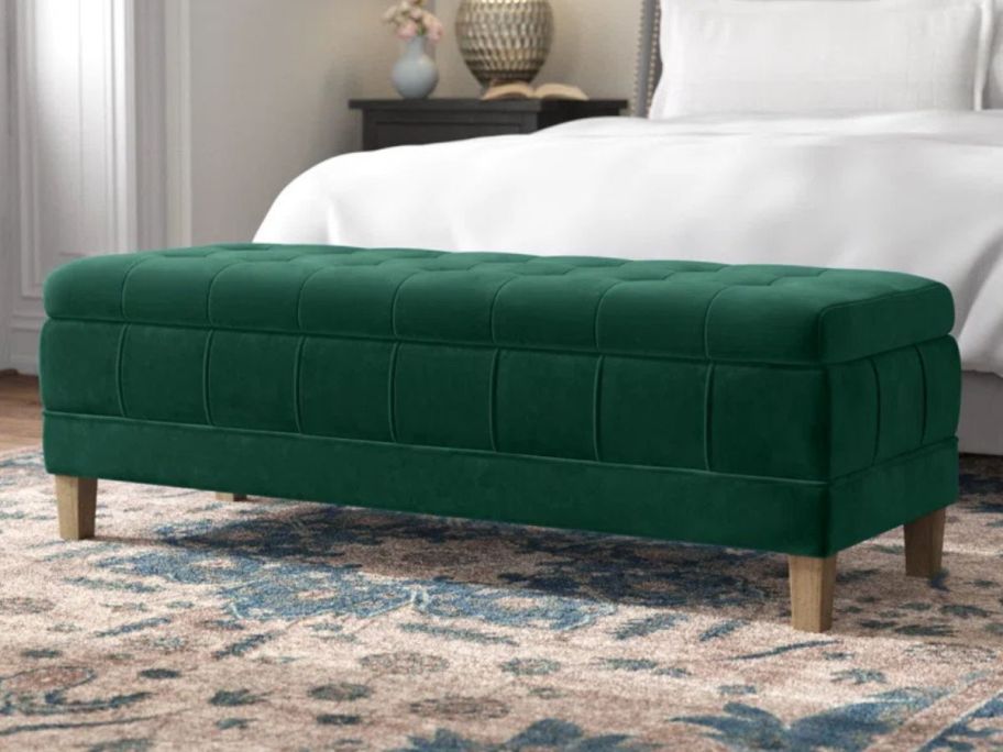 Kelly Clarkson Home Gloria Velvet Ottoman at the end of a bed