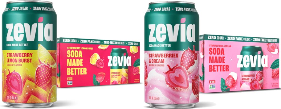 large cans of zevia soda in front of boxes of more soda