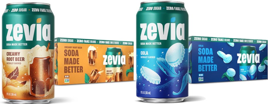 large cans of zevia soda in front of boxes of more soda