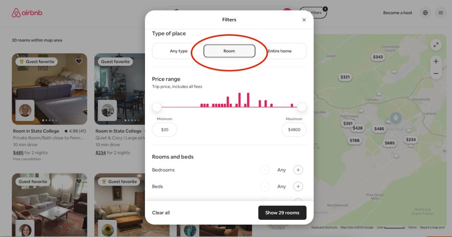 airbnb rooms search filter