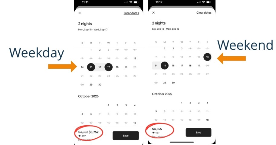 comparing prices of airbnb for weekday vs weekend