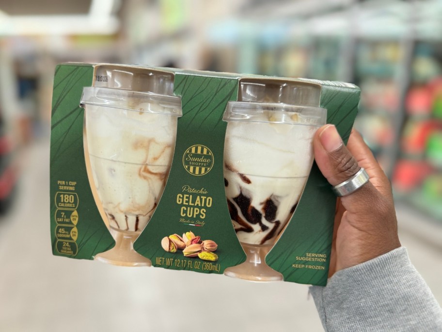 hand holding a box with 2 Gelato Sundae cups