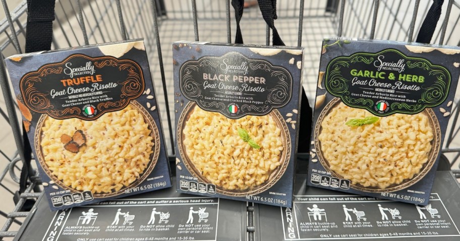 3 types of Specially Selected Goat Cheese Risotto packages in an Aldi shopping cart