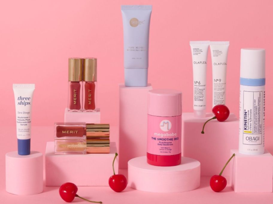 Attractive beauty box contents are displayed.