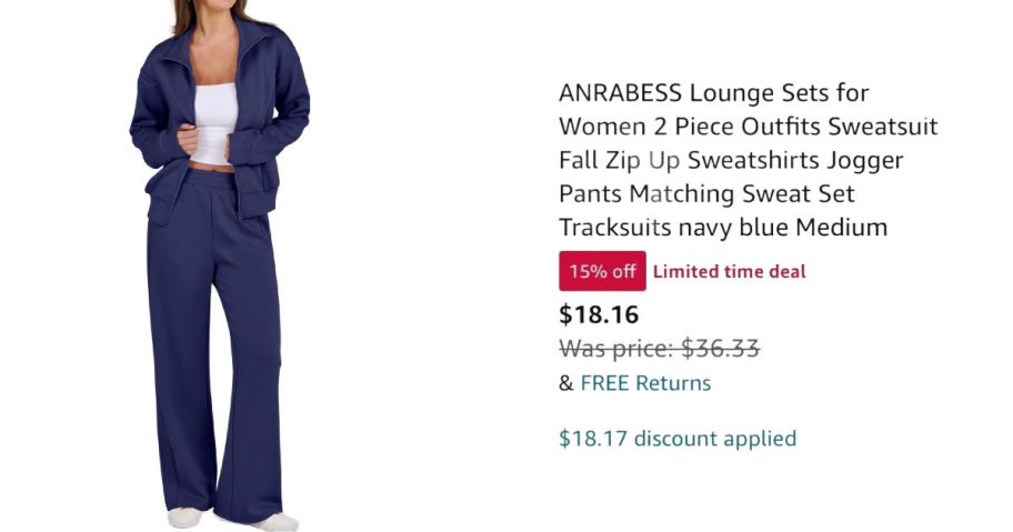 Woman wearing blue lounge set next to Amazon pricing information