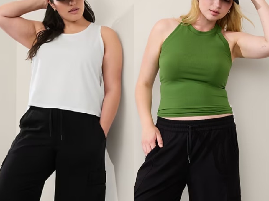 woman wearing a white tank and black pants and woman wearing a green tank and black pants