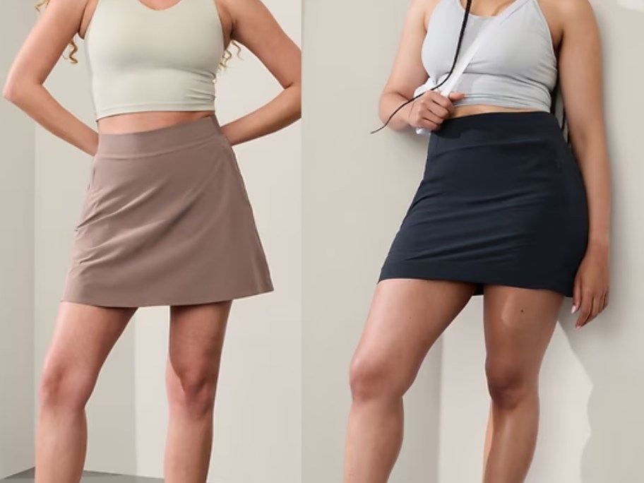 woman wearing a tan skort and woman wearing a black skort