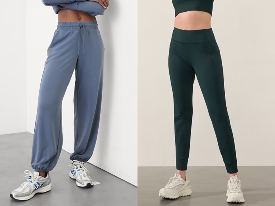 woman wearing light blue baggy joggers and woman wearing black fitted joggers