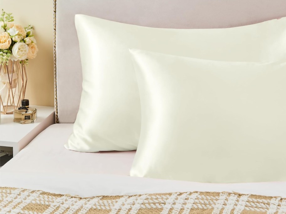 two ivory stain pillows on bed