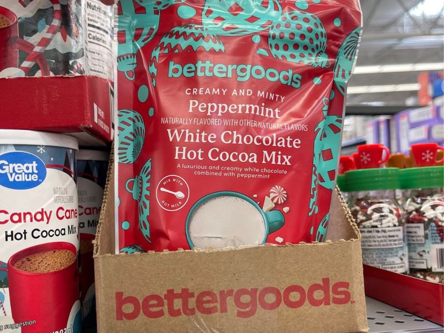 display of bettergoods White Chocolate Peppermint Hot Cocoa Mix 12oz