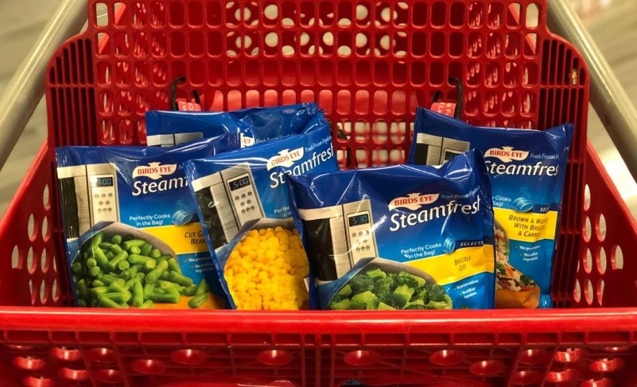 a shopping cart with birds eye frozen vegetables