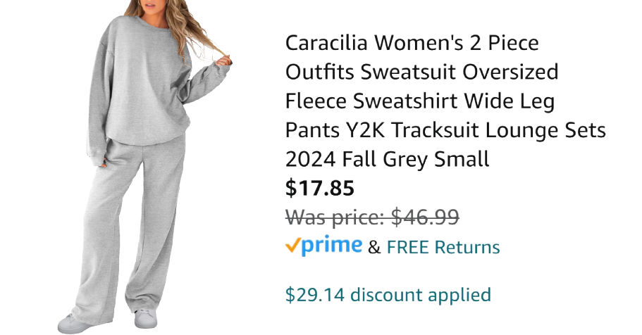 woman wearing gray sweatsuit next to Amazon pricing information