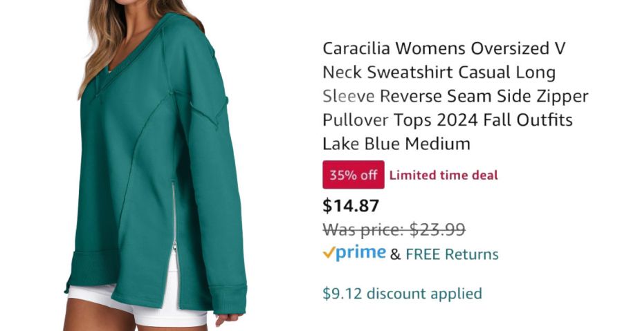 Woman in green sweatshirt next to Amazon pricing information