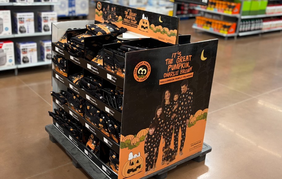 black pumpkin peanuts pajamas on display in store