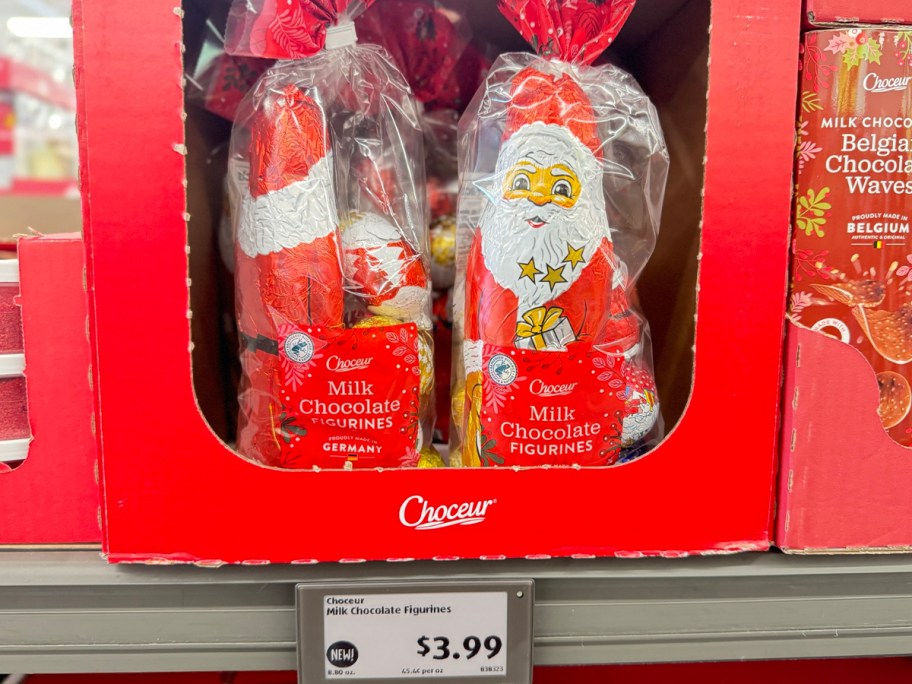 santa chocolates in box on shelf 