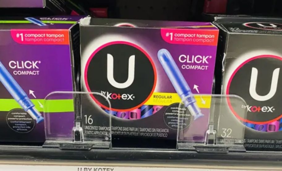 a box of tampons on a store shelf