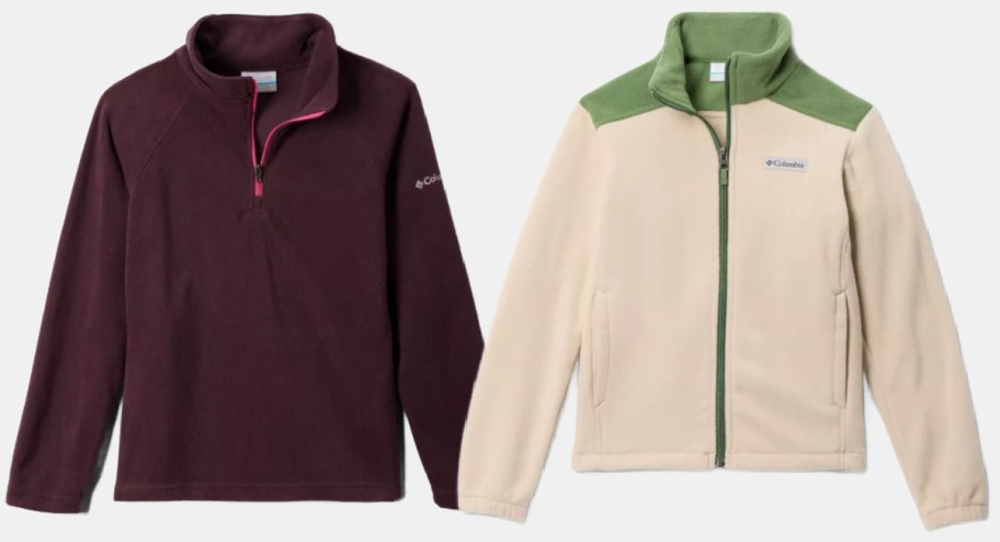 maroon and green fleece jackets