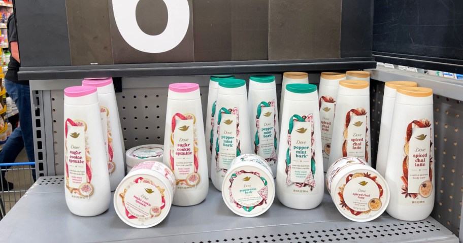 various dove holiday treats body care items lined up on a walmart shelf