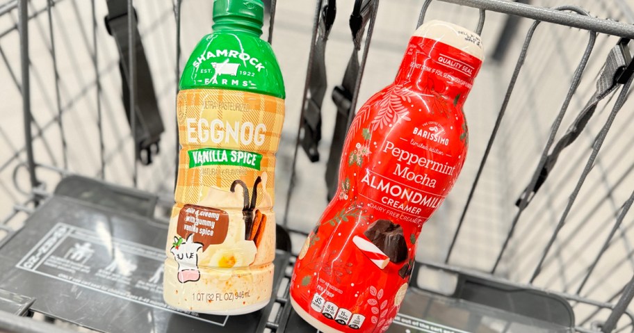 eggnog and almondmilk in shopping cart 