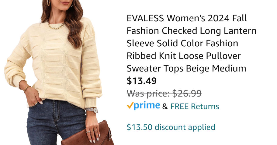 woman wearing cream colored sweater next to Amazon pricing information