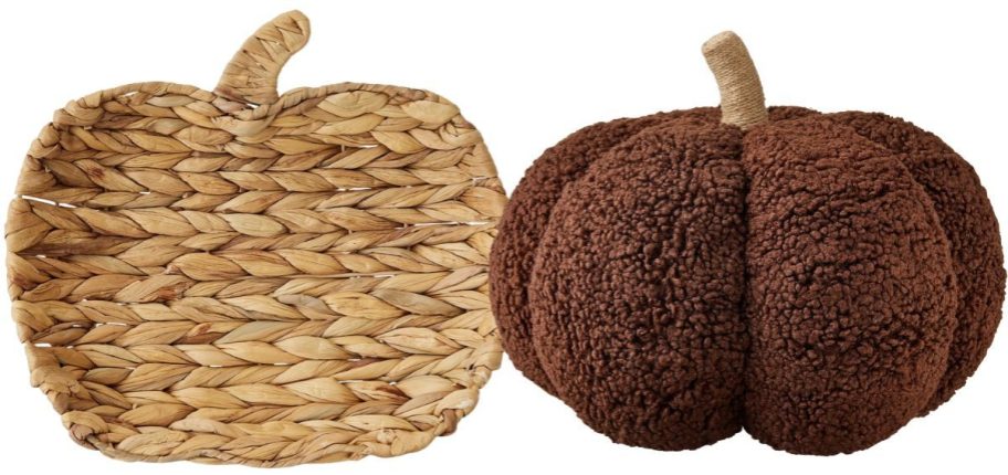 a pumpkin tray and a brown pumpkin pillow