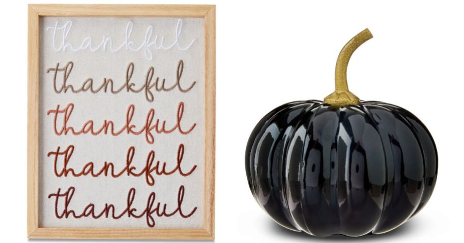 thankful framed art and a black ceramic pumpkin