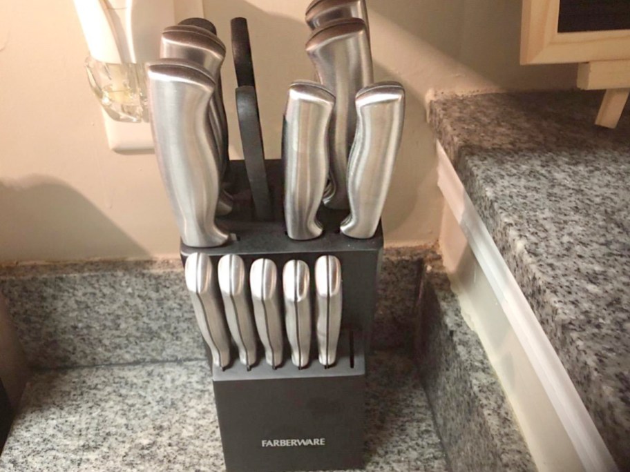 stainless steel knives in black block