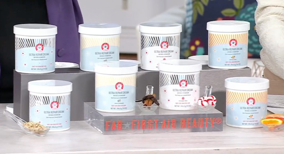 first beauty creams in different scents displayed on a stand