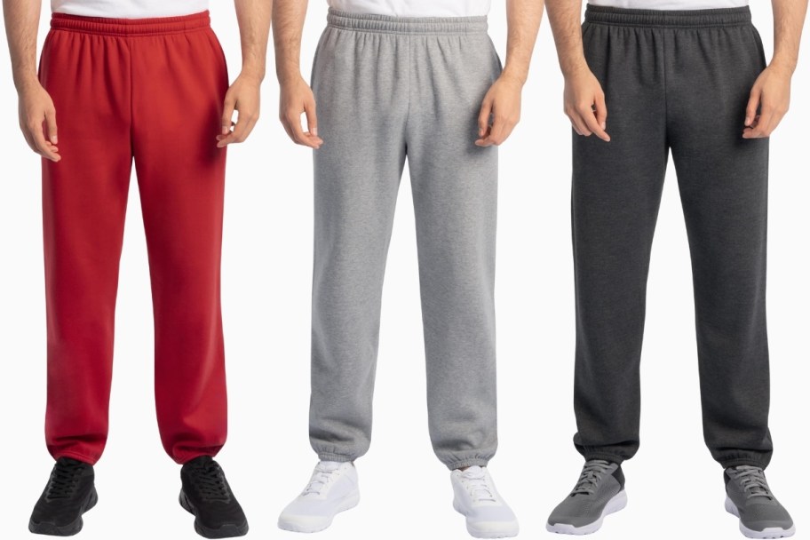 3 men wearing fleece joggers in. red, heather gray and heather black