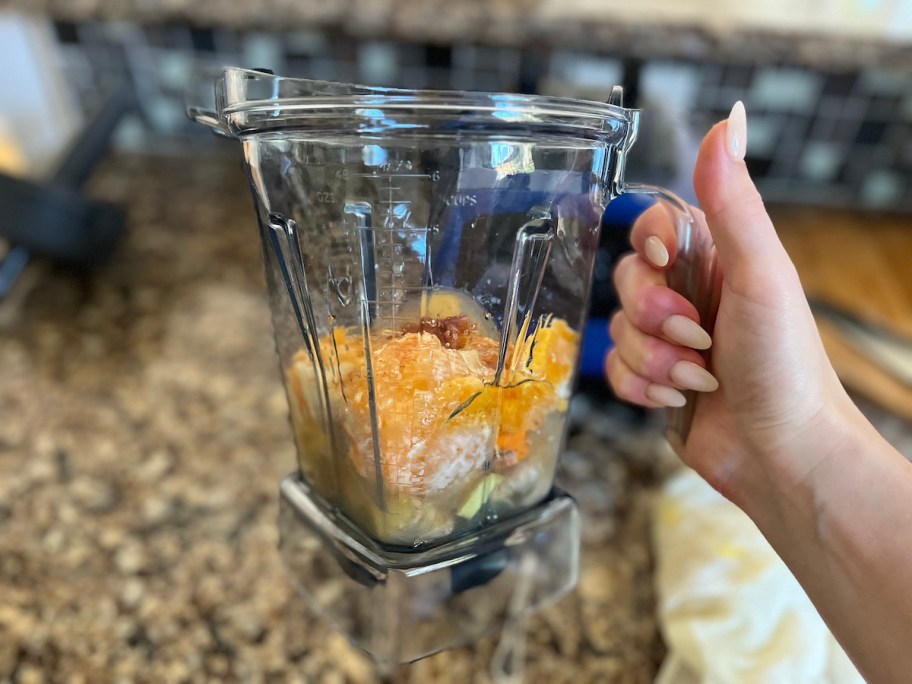 hand holding vitamix blender 