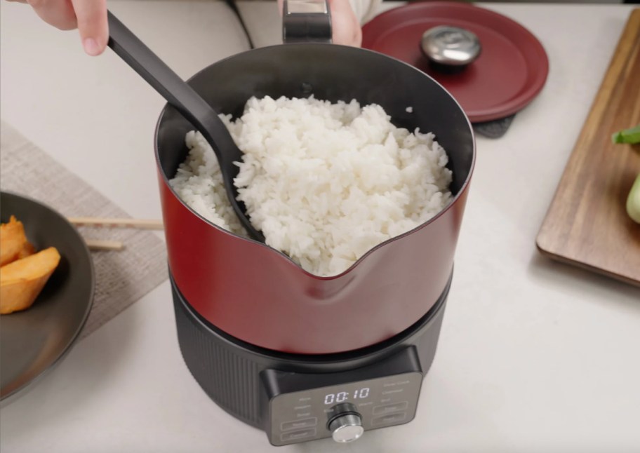 red electric cookier with rice in it