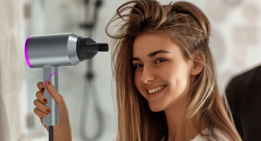 hair dryer in womand hand using it on her hair