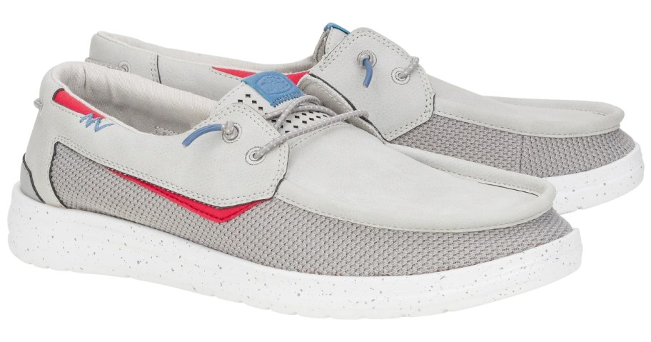 men's grey and white HEYDUDE shoes with blue and red accents