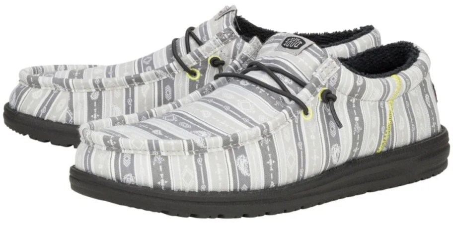 men's white, grey, and black striped design HEYDUDE shoes