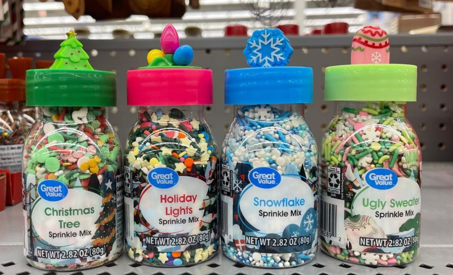 4 bottles of holiday sprinkle blends on a store shelf