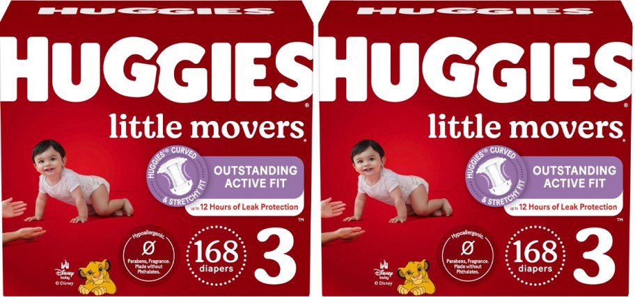two boxes of huggies little movers diapers