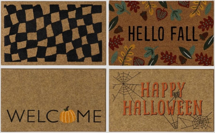 four fall and halloween themed coir door mats